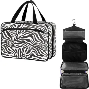 Travel Toiletry Bag for Woman/Men, Modern Wild Animal Zebra Skin Black and White Hanging Organizer Bag with Pockets Portable Folding Travel Case Bags for Makeup Cosmetic Toiletries Traveling-L