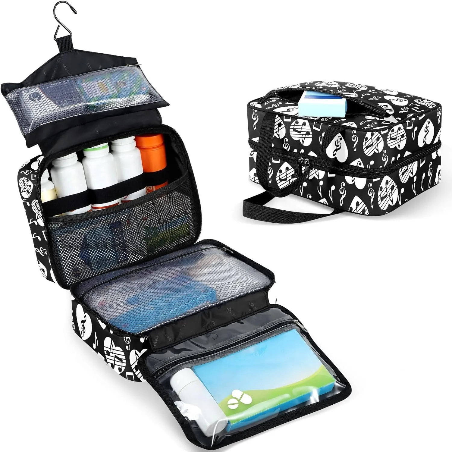 Travel Toiletry Bag for Woman/Men, Musical Themed Music Notes Patterned Hanging Organizer Bag with Pockets Portable Folding Travel Case Bags for Makeup Cosmetic Toiletries Storage Traveling-L