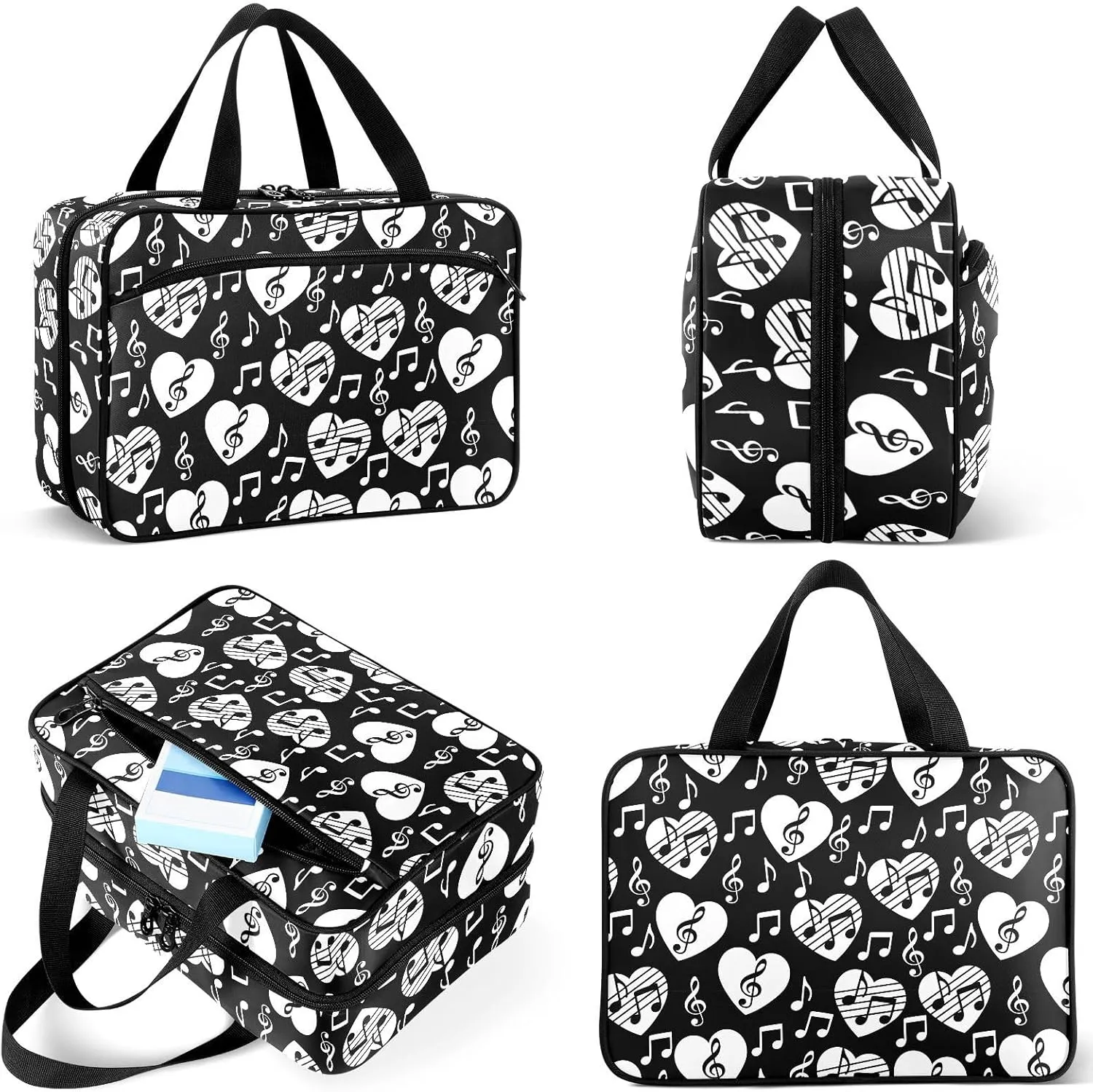 Travel Toiletry Bag for Woman/Men, Musical Themed Music Notes Patterned Hanging Organizer Bag with Pockets Portable Folding Travel Case Bags for Makeup Cosmetic Toiletries Storage Traveling-L