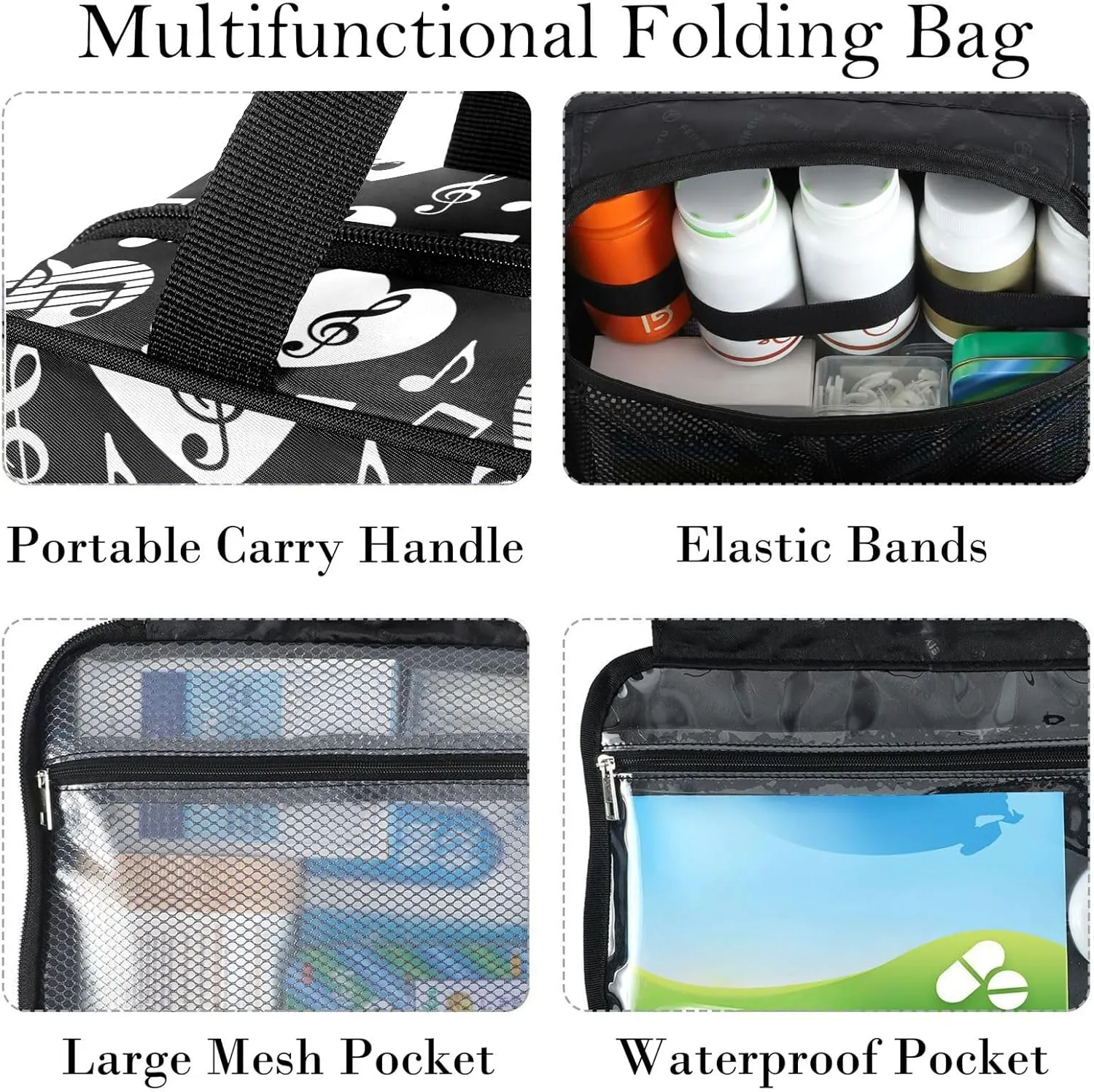 Travel Toiletry Bag for Woman/Men, Musical Themed Music Notes Patterned Hanging Organizer Bag with Pockets Portable Folding Travel Case Bags for Makeup Cosmetic Toiletries Storage Traveling-L
