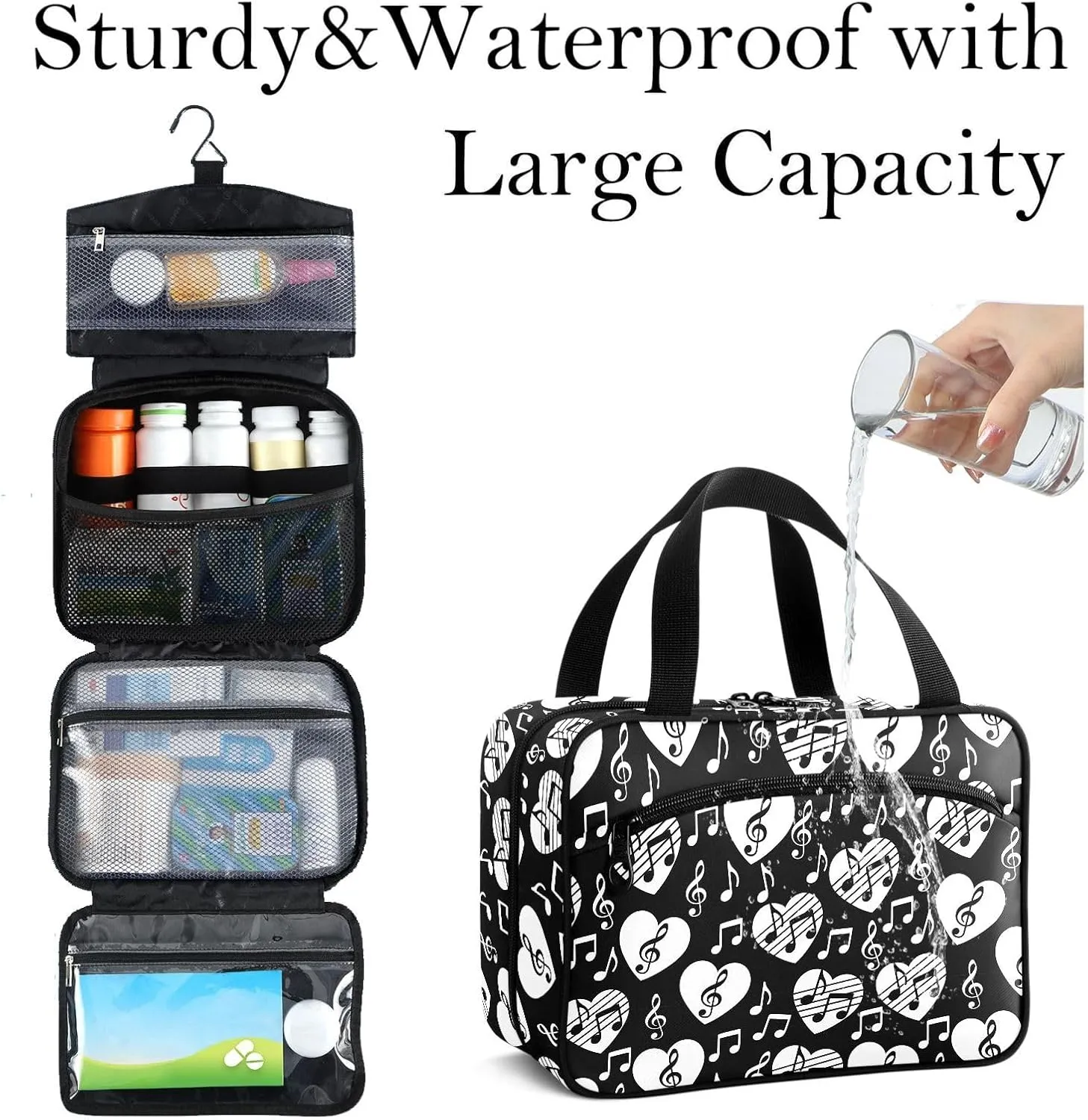 Travel Toiletry Bag for Woman/Men, Musical Themed Music Notes Patterned Hanging Organizer Bag with Pockets Portable Folding Travel Case Bags for Makeup Cosmetic Toiletries Storage Traveling-L