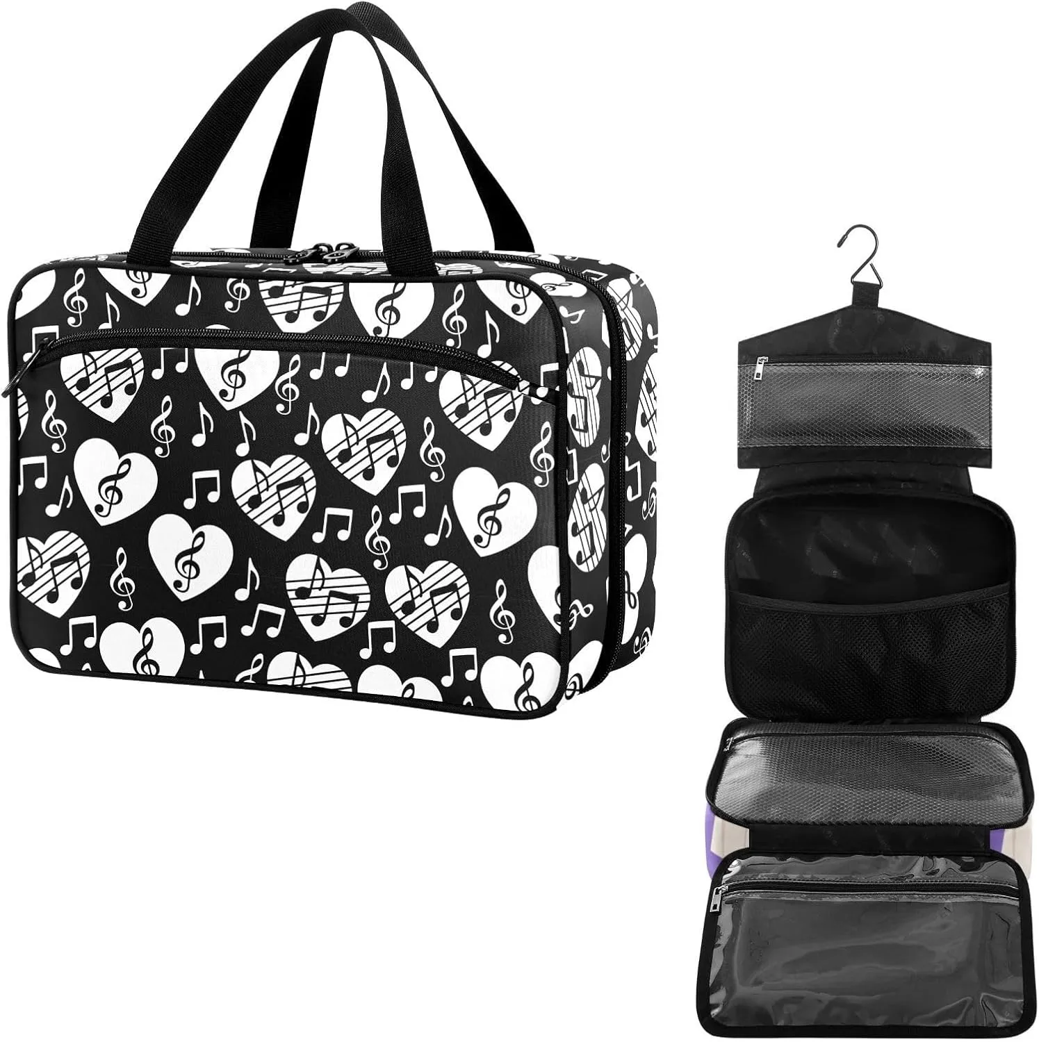 Travel Toiletry Bag for Woman/Men, Musical Themed Music Notes Patterned Hanging Organizer Bag with Pockets Portable Folding Travel Case Bags for Makeup Cosmetic Toiletries Storage Traveling-L