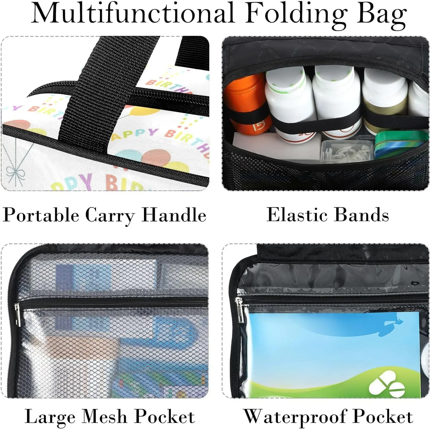 Travel Toiletry Bag for Woman/Men,Happy Birthday Quoted Balloon Hanging Organizer Bag with Pockets Portable Folding Travel Case Bags for Makeup Cosmetic Toiletries Storage Traveling-M