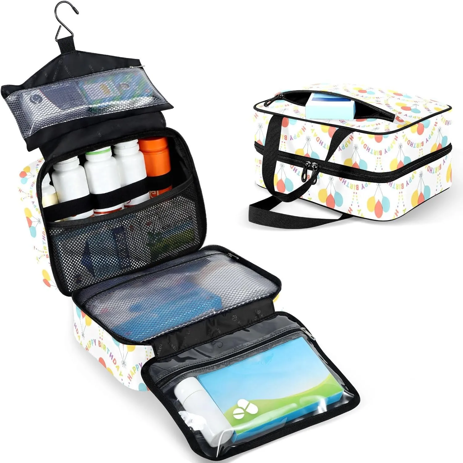 Travel Toiletry Bag for Woman/Men,Happy Birthday Quoted Balloon Hanging Organizer Bag with Pockets Portable Folding Travel Case Bags for Makeup Cosmetic Toiletries Storage Traveling-M