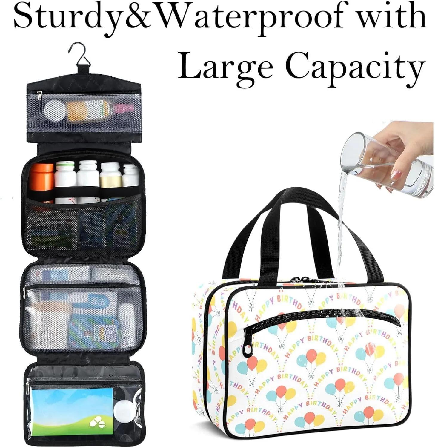 Travel Toiletry Bag for Woman/Men,Happy Birthday Quoted Balloon Hanging Organizer Bag with Pockets Portable Folding Travel Case Bags for Makeup Cosmetic Toiletries Storage Traveling-M