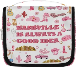 Travel Toiletry Bag for Women Girls with Hanging Hook Pink Retro Western Cactus Cowgirl Pattern Makeup Cosmetic Bag Organizer Travel Bag for Toiletries Essentials Accessories, Large Size