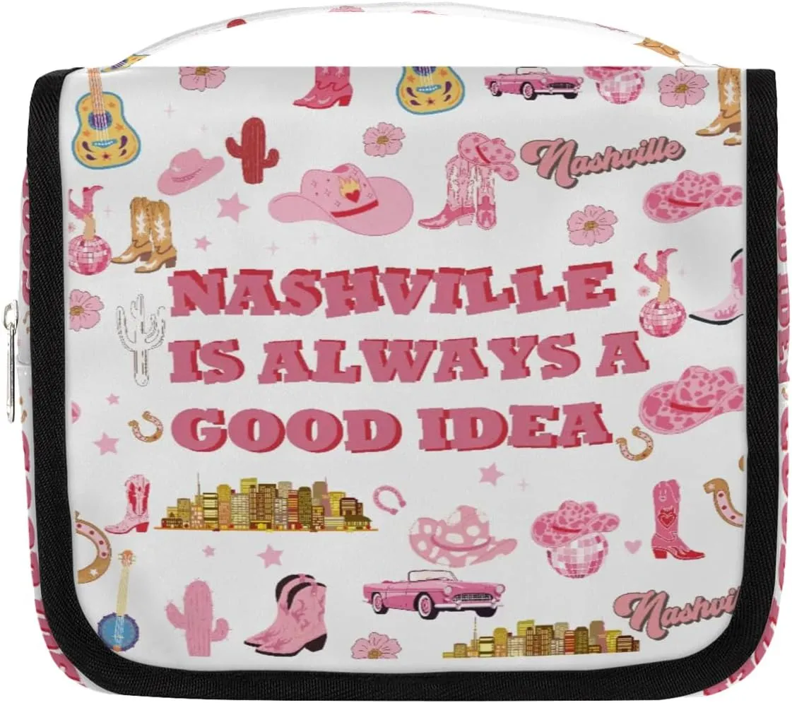 Travel Toiletry Bag for Women Girls with Hanging Hook Pink Retro Western Cactus Cowgirl Pattern Makeup Cosmetic Bag Organizer Travel Bag for Toiletries Essentials Accessories, Large Size