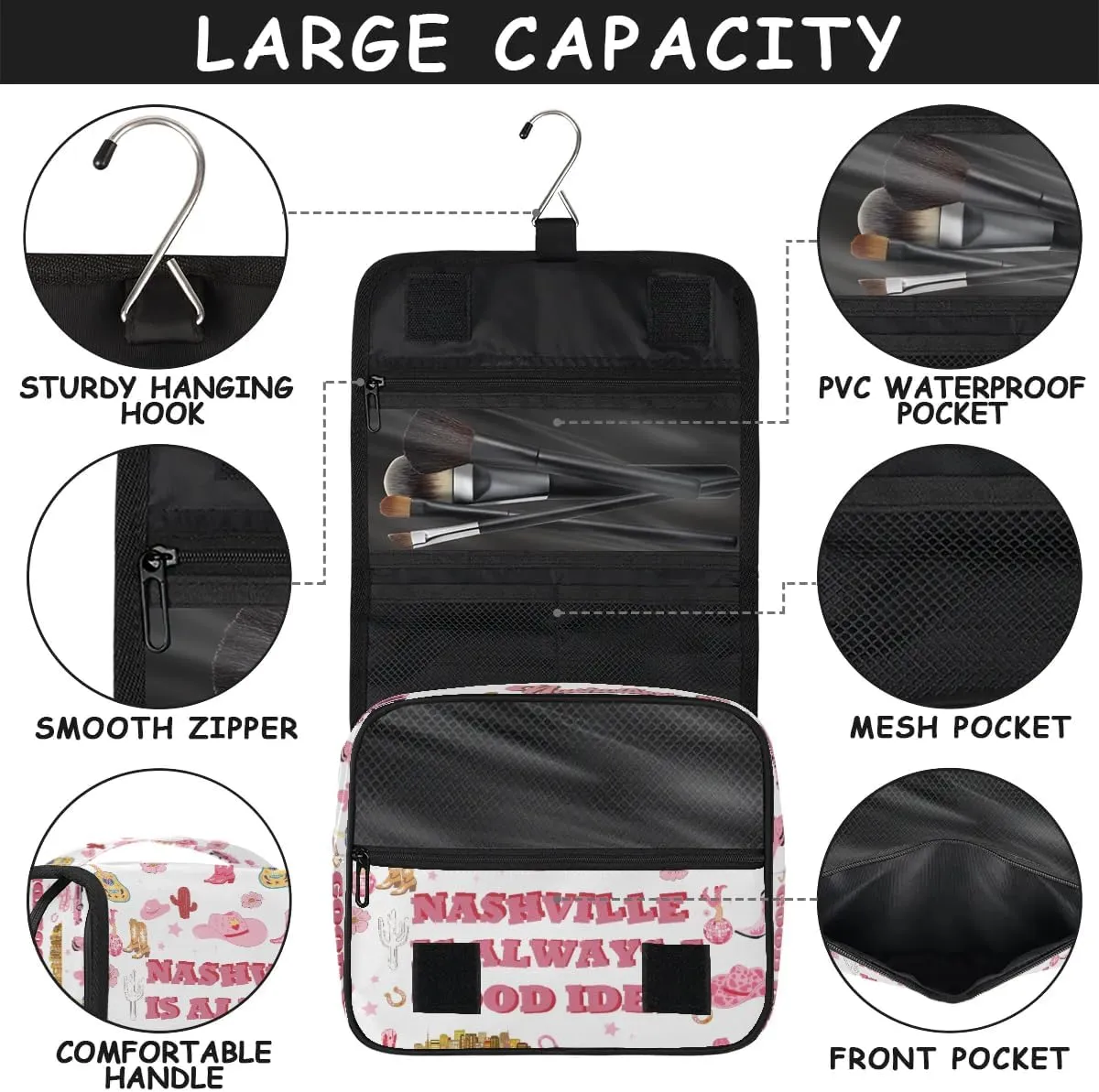 Travel Toiletry Bag for Women Girls with Hanging Hook Pink Retro Western Cactus Cowgirl Pattern Makeup Cosmetic Bag Organizer Travel Bag for Toiletries Essentials Accessories, Large Size