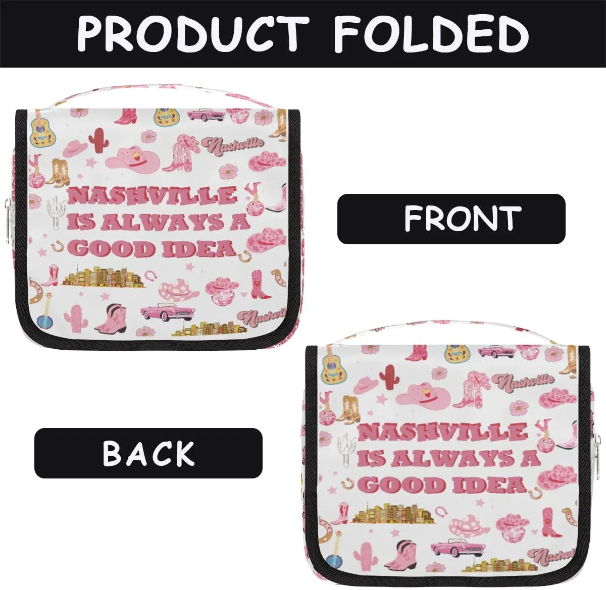 Travel Toiletry Bag for Women Girls with Hanging Hook Pink Retro Western Cactus Cowgirl Pattern Makeup Cosmetic Bag Organizer Travel Bag for Toiletries Essentials Accessories, Large Size