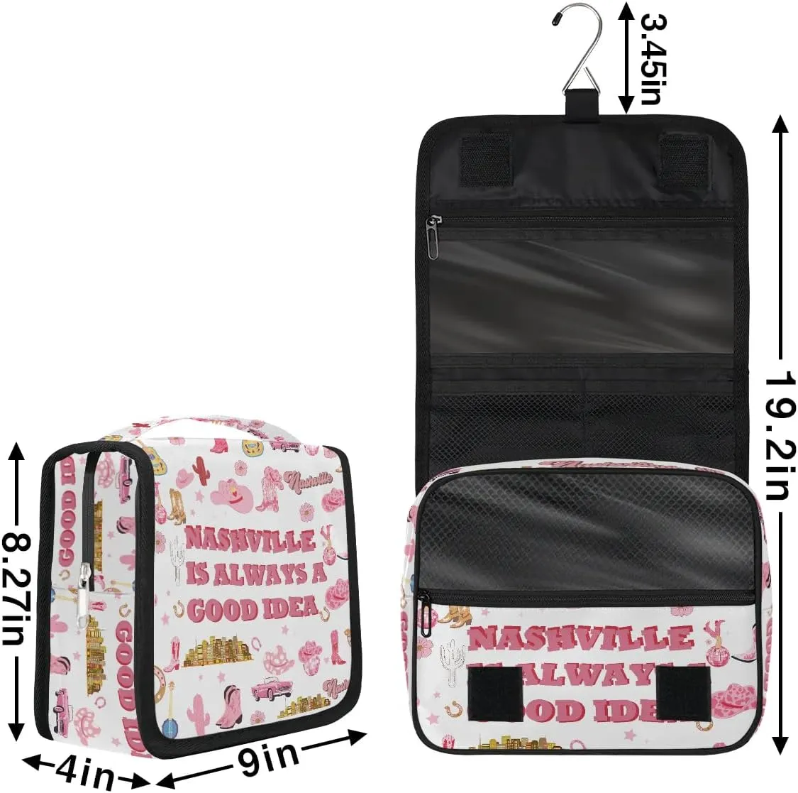 Travel Toiletry Bag for Women Girls with Hanging Hook Pink Retro Western Cactus Cowgirl Pattern Makeup Cosmetic Bag Organizer Travel Bag for Toiletries Essentials Accessories, Large Size