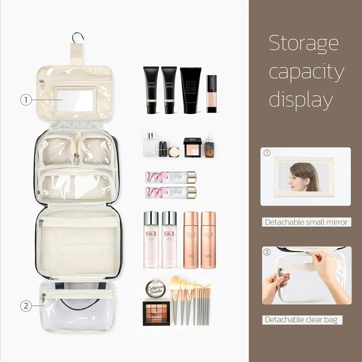 Travel Toiletry Bag for Women with Hanging Hook, Extra Large Travel Makeup Bag Organizer with Detachable Clear Bag, Suitable for Full-Sized Toiletries