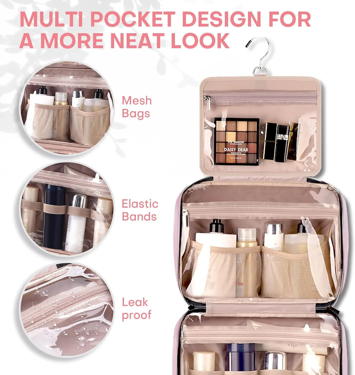 Travel Toiletry Bag for Women with Hanging Hook Traveling Essentials Organizer Water-Resistant Hanging Makeup and Toiletry Bag for Cosmetic Toiletries Make-Up,039-Small-Pink