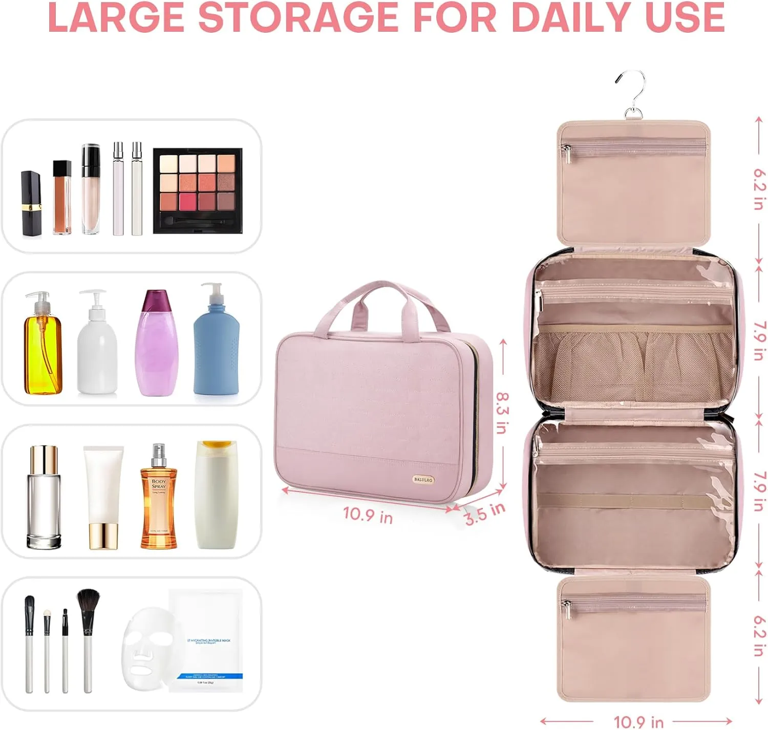 Travel Toiletry Bag for Women with Hanging Hook Traveling Essentials Organizer Water-Resistant Hanging Makeup and Toiletry Bag for Cosmetic Toiletries Make-Up,039-Small-Pink