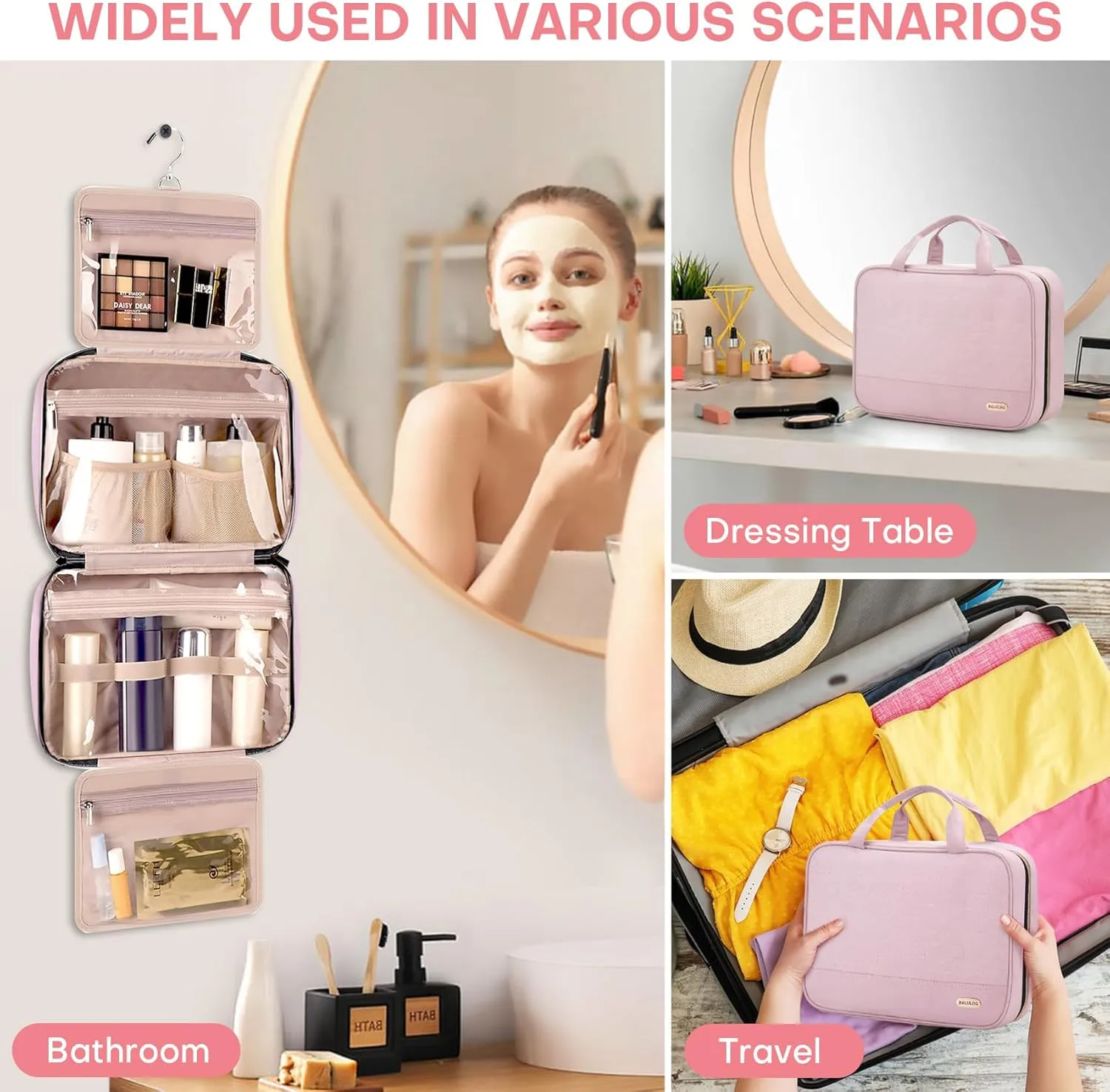 Travel Toiletry Bag for Women with Hanging Hook Traveling Essentials Organizer Water-Resistant Hanging Makeup and Toiletry Bag for Cosmetic Toiletries Make-Up,039-Small-Pink