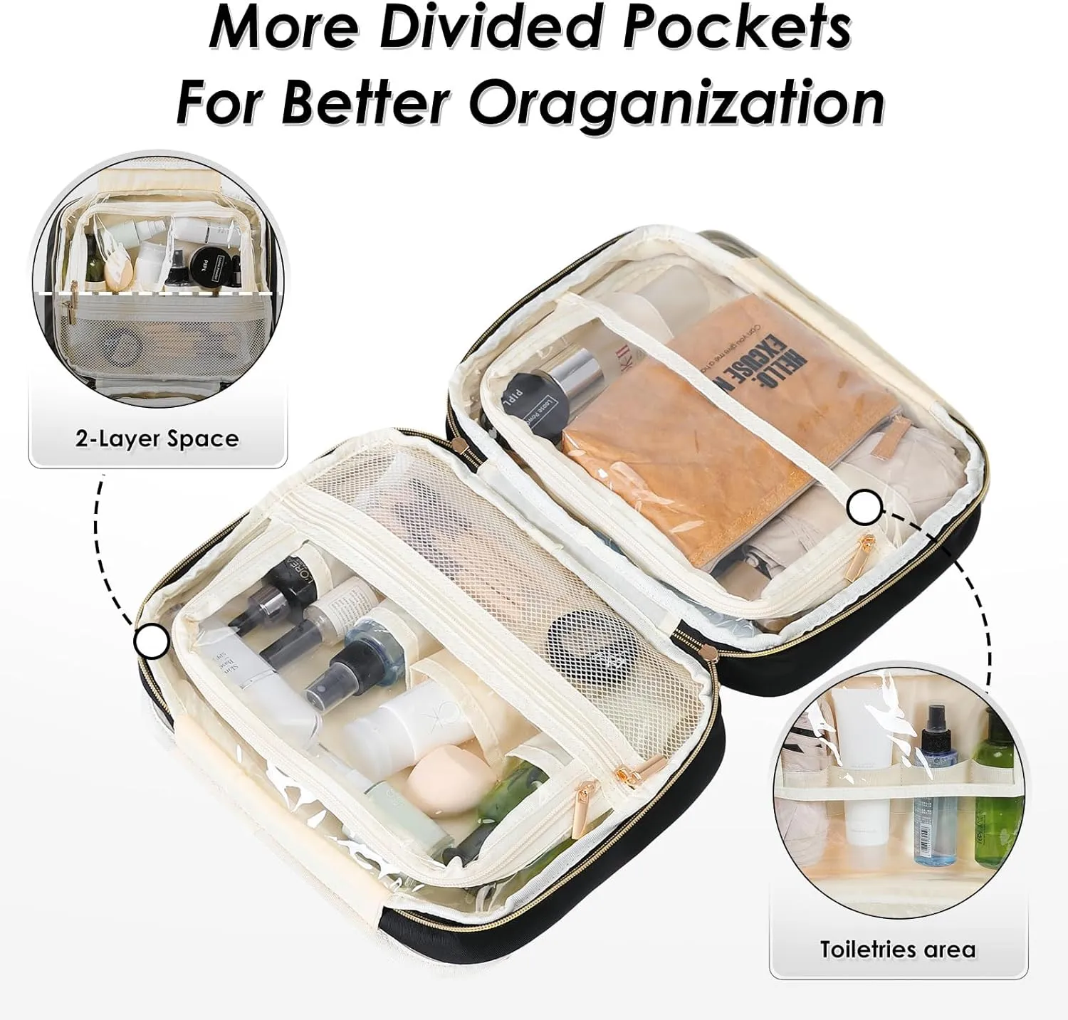 Travel Toiletry Bag Hanging Toiletry Bag for Women Water-resistant Cosmetic Makeup Bag for Full Sized Travel Essentials Must Have (Black)