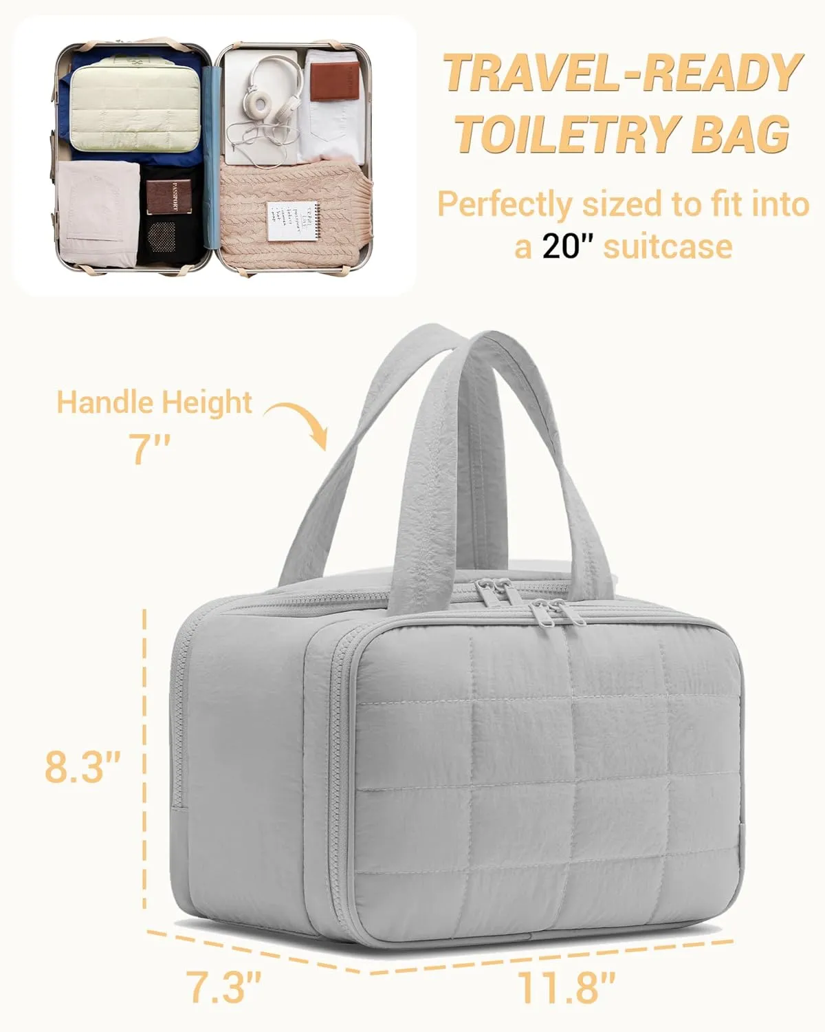 Travel Toiletry Bag, Makeup Bag Puffy Wide-open Quilted Bag for Women, Lightweight Cosmetic Bag Organizer with Handle for Traveling, Accessories, Essentials Toiletries Grey