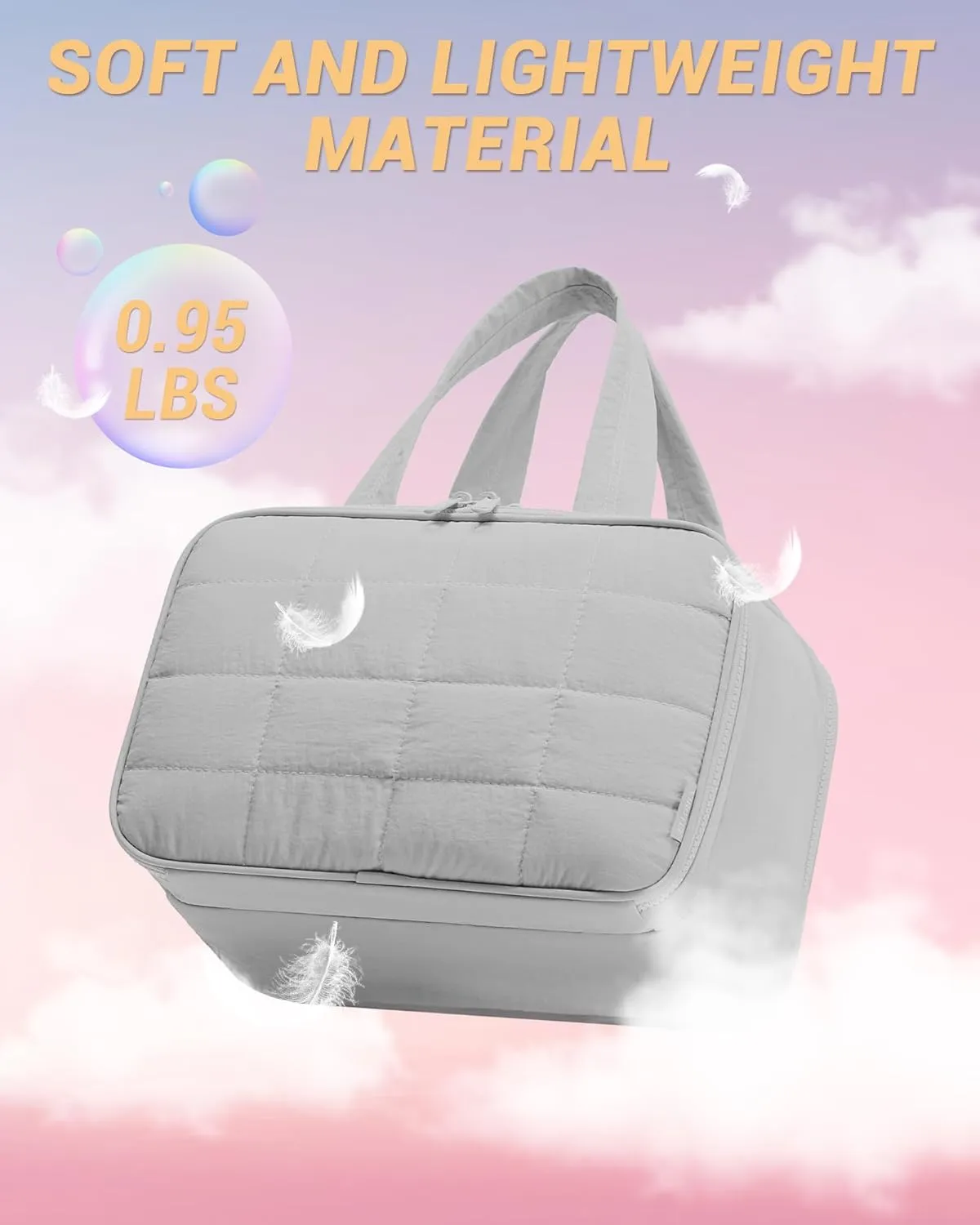 Travel Toiletry Bag, Makeup Bag Puffy Wide-open Quilted Bag for Women, Lightweight Cosmetic Bag Organizer with Handle for Traveling, Accessories, Essentials Toiletries Grey