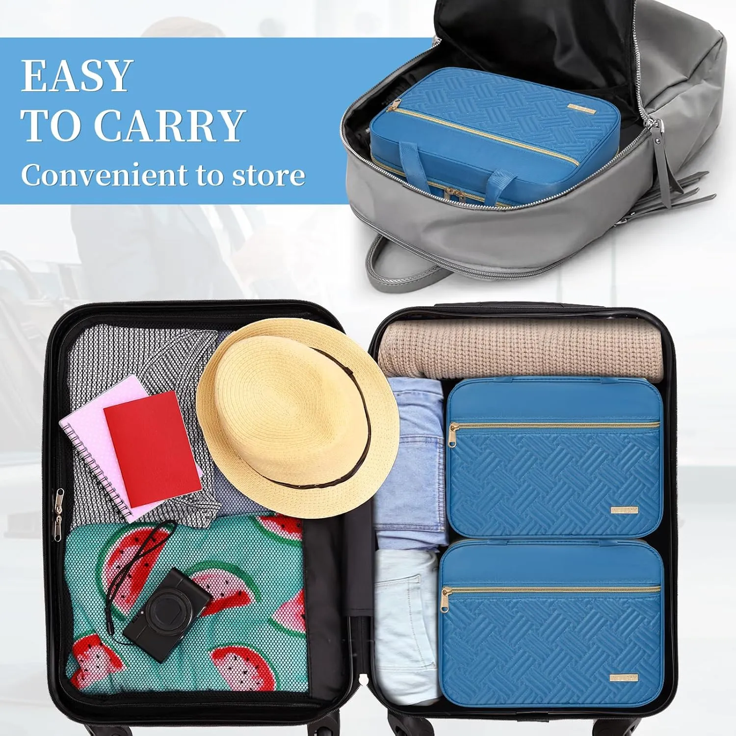 Travel Toiletry Bag - Spacious Toiletry Bag with Hanging Hook, Waterproof Makeup Bag for Women & Men, Travel Essentials (Medium-Blue)