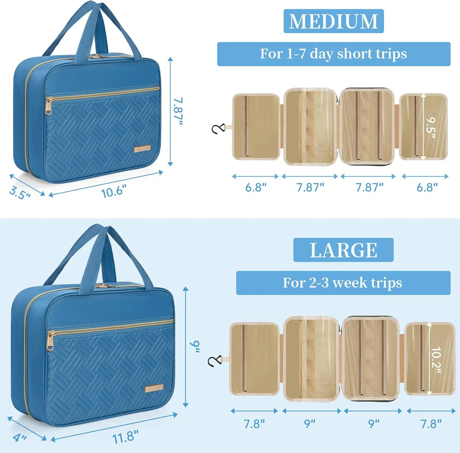 Travel Toiletry Bag - Spacious Toiletry Bag with Hanging Hook, Waterproof Makeup Bag for Women & Men, Travel Essentials (Medium-Blue)