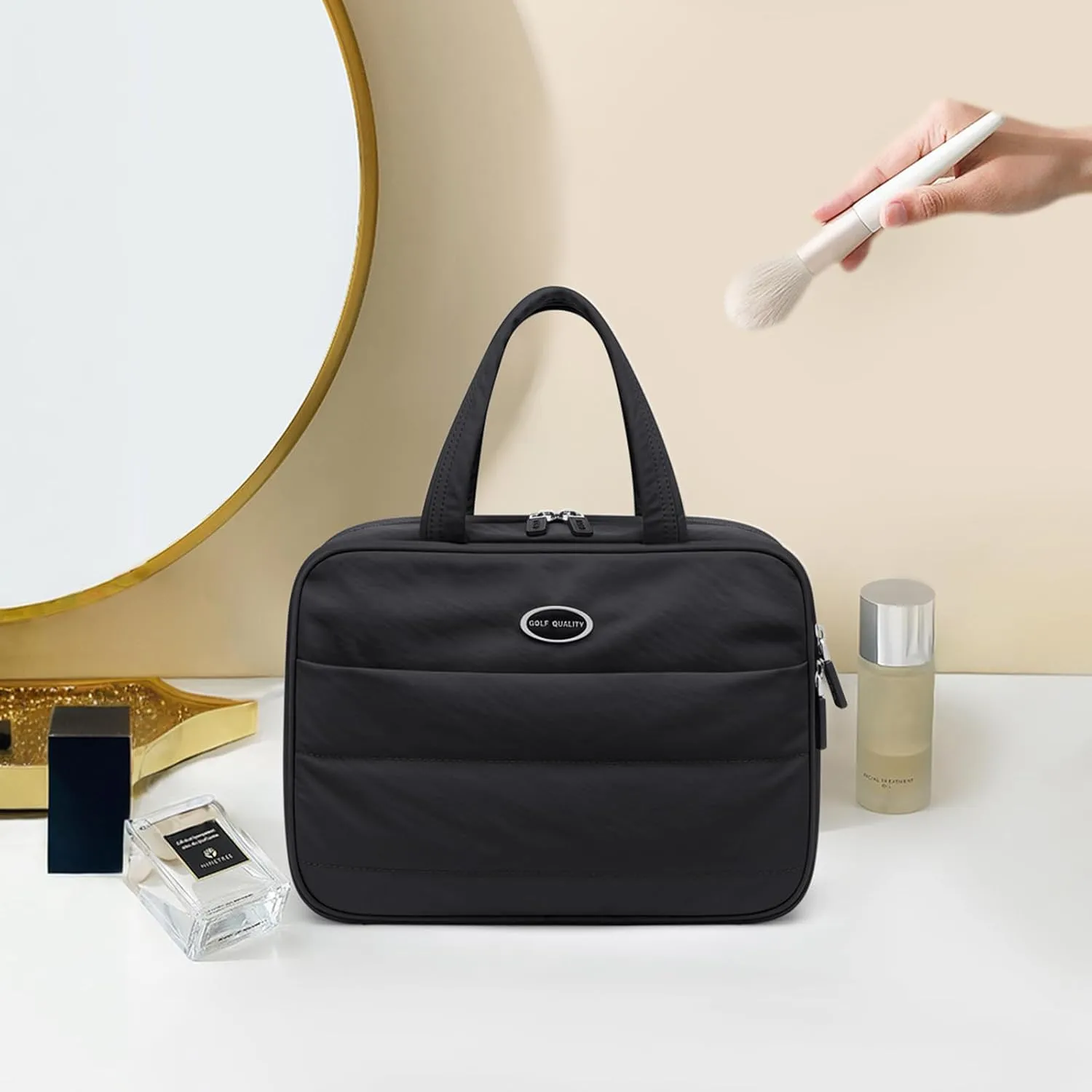 Travel Toiletry Bag with Jewelry Organizer, Hanging Toiletry Bag for Toiletries Puffy Cosmetic Make up Bag Organizer Carry-on Travel Accessories Essentials,Black