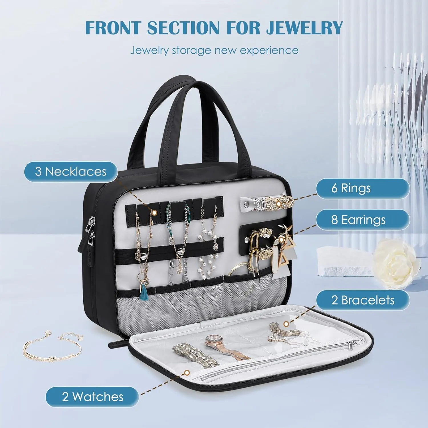 Travel Toiletry Bag with Jewelry Organizer, Hanging Toiletry Bag for Toiletries Puffy Cosmetic Make up Bag Organizer Carry-on Travel Accessories Essentials,Black