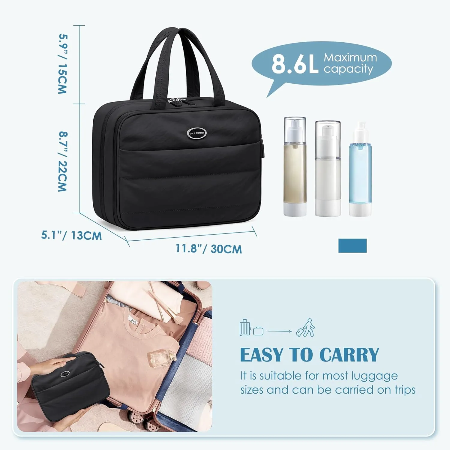 Travel Toiletry Bag with Jewelry Organizer, Hanging Toiletry Bag for Toiletries Puffy Cosmetic Make up Bag Organizer Carry-on Travel Accessories Essentials,Black