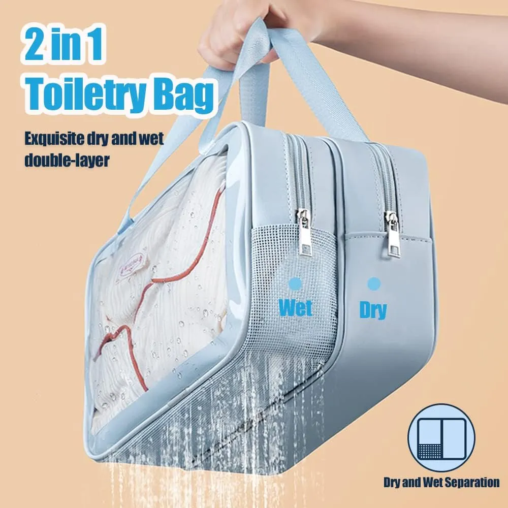 Travel Toiletry Bag,Clear Makeup Bag,Cosmetics Bag,Transparent Skin Care Bag,Waterproof & Draining Make up Bags,PVC Toiletry Organizer Thickened Wash Bag for Women Men (Medium-Blue)