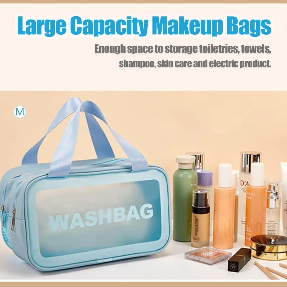 Travel Toiletry Bag,Clear Makeup Bag,Cosmetics Bag,Transparent Skin Care Bag,Waterproof & Draining Make up Bags,PVC Toiletry Organizer Thickened Wash Bag for Women Men (Medium-Blue)