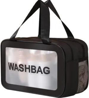 Travel Toiletry Bag,Large Clear Makeup Bag,Cosmetics Bag,Transparent Skin Care Bag for Toiletries,Waterproof & Draining,2 in 1 PVC Toiletry Organizer Thickened Wash Bag for Women Men (Black)