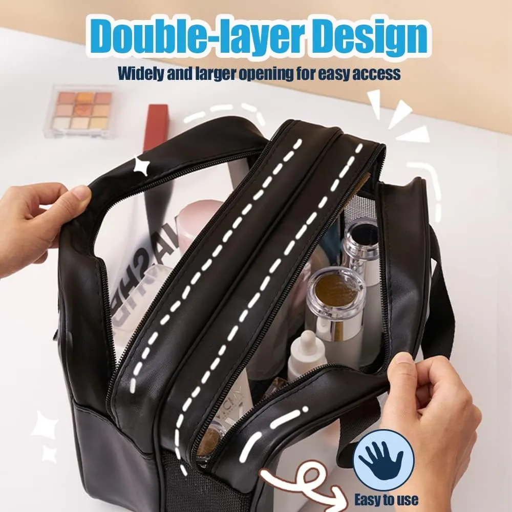 Travel Toiletry Bag,Large Clear Makeup Bag,Cosmetics Bag,Transparent Skin Care Bag for Toiletries,Waterproof & Draining,2 in 1 PVC Toiletry Organizer Thickened Wash Bag for Women Men (Black)