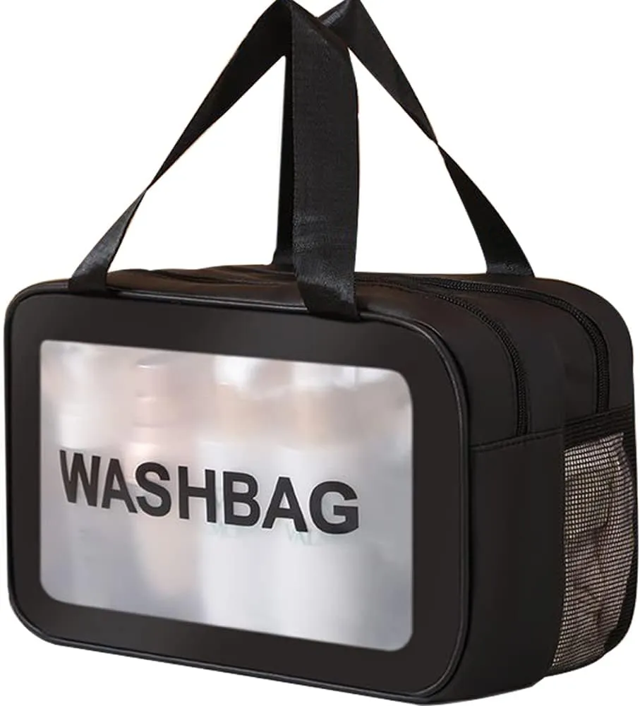Travel Toiletry Bag,Large Clear Makeup Bag,Cosmetics Bag,Transparent Skin Care Bag for Toiletries,Waterproof & Draining,2 in 1 PVC Toiletry Organizer Thickened Wash Bag for Women Men (Black)