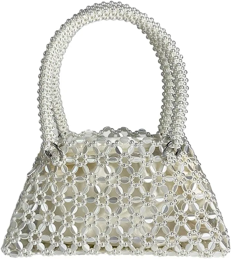 Trendy Women Acrylic Clutch Bag Hollow Out Metallic Tote Purse Shining Beaded Woven Evening Handbag for Prom Party