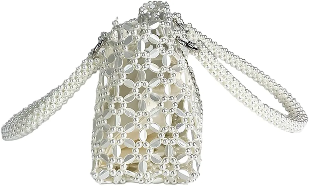 Trendy Women Acrylic Clutch Bag Hollow Out Metallic Tote Purse Shining Beaded Woven Evening Handbag for Prom Party