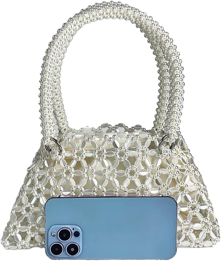 Trendy Women Acrylic Clutch Bag Hollow Out Metallic Tote Purse Shining Beaded Woven Evening Handbag for Prom Party