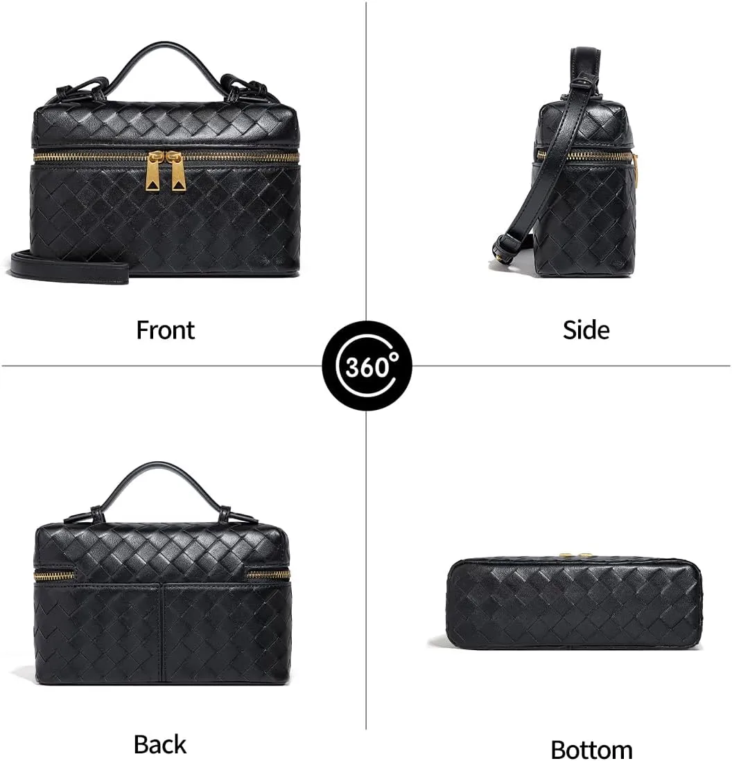 Trendy Woven Crossbody Purse Bag for Women, Cute Shoulder Bag Square Box Bags Mini PU Leather Top Handle Purses Handbag