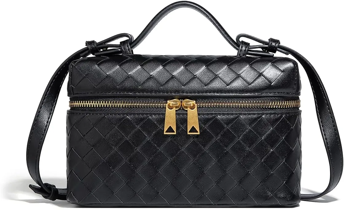 Trendy Woven Crossbody Purse Bag for Women, Cute Shoulder Bag Square Box Bags Mini PU Leather Top Handle Purses Handbag