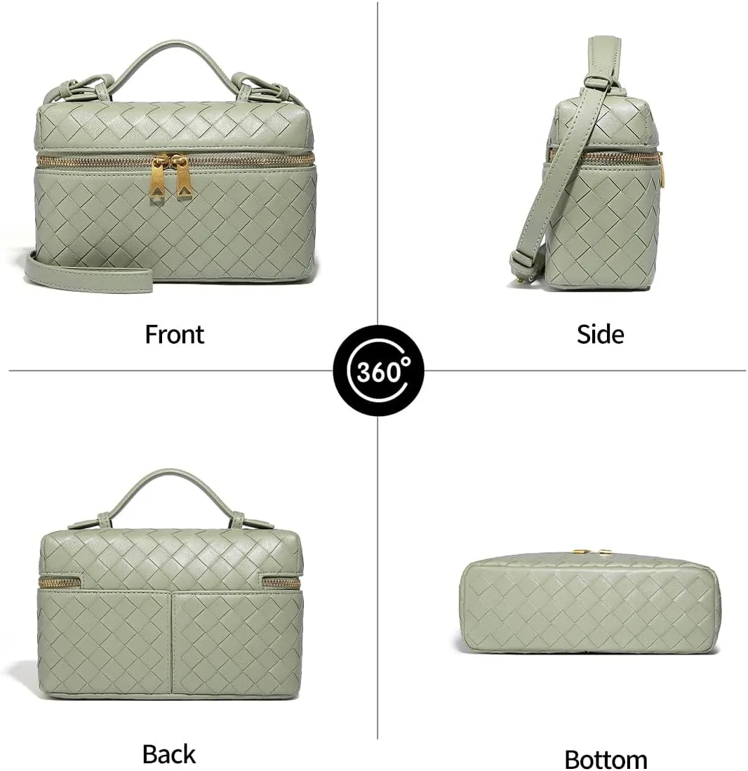 Trendy Woven Crossbody Purse Bag for Women, Cute Shoulder Bag Square Box Bags Mini PU Leather Top Handle Purses Handbag
