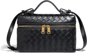 Trendy Woven Crossbody Purse Bag for Women, Cute Shoulder Bag Square Box Bags Mini PU Leather Top Handle Purses Handbag