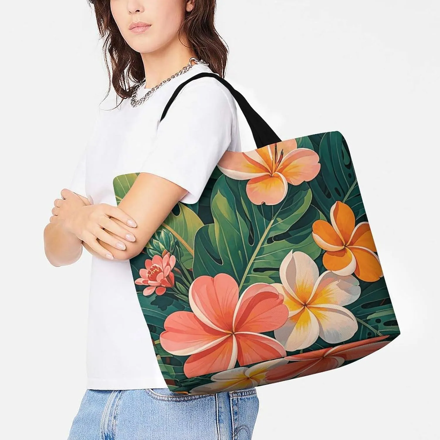 Tropical Flowers And Foliage Tote Bags, Reusable Grocery Bags, Large Shopping Bags, Beach Bag, Shoulder Bag for Women