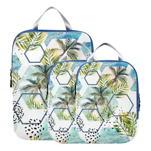Tropical Leaves and Palm Trees Geometric Shapes Hexagons Marbling 3 Piece set Cubes Expandable Adjustable Luggage Packing Bags, Ultralight Organizer Accessories Travel Suitcase Compressible Bags