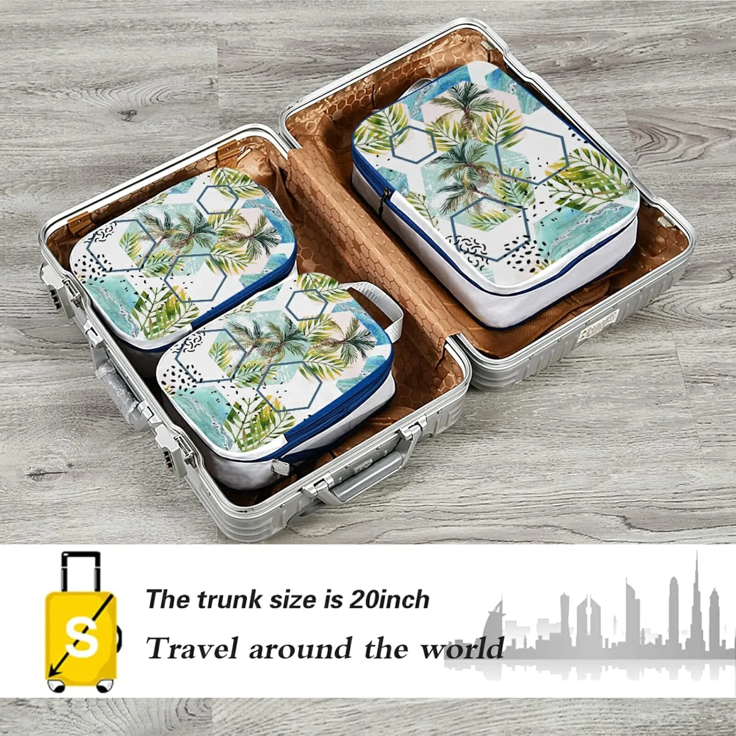 Tropical Leaves and Palm Trees Geometric Shapes Hexagons Marbling 3 Piece set Cubes Expandable Adjustable Luggage Packing Bags, Ultralight Organizer Accessories Travel Suitcase Compressible Bags