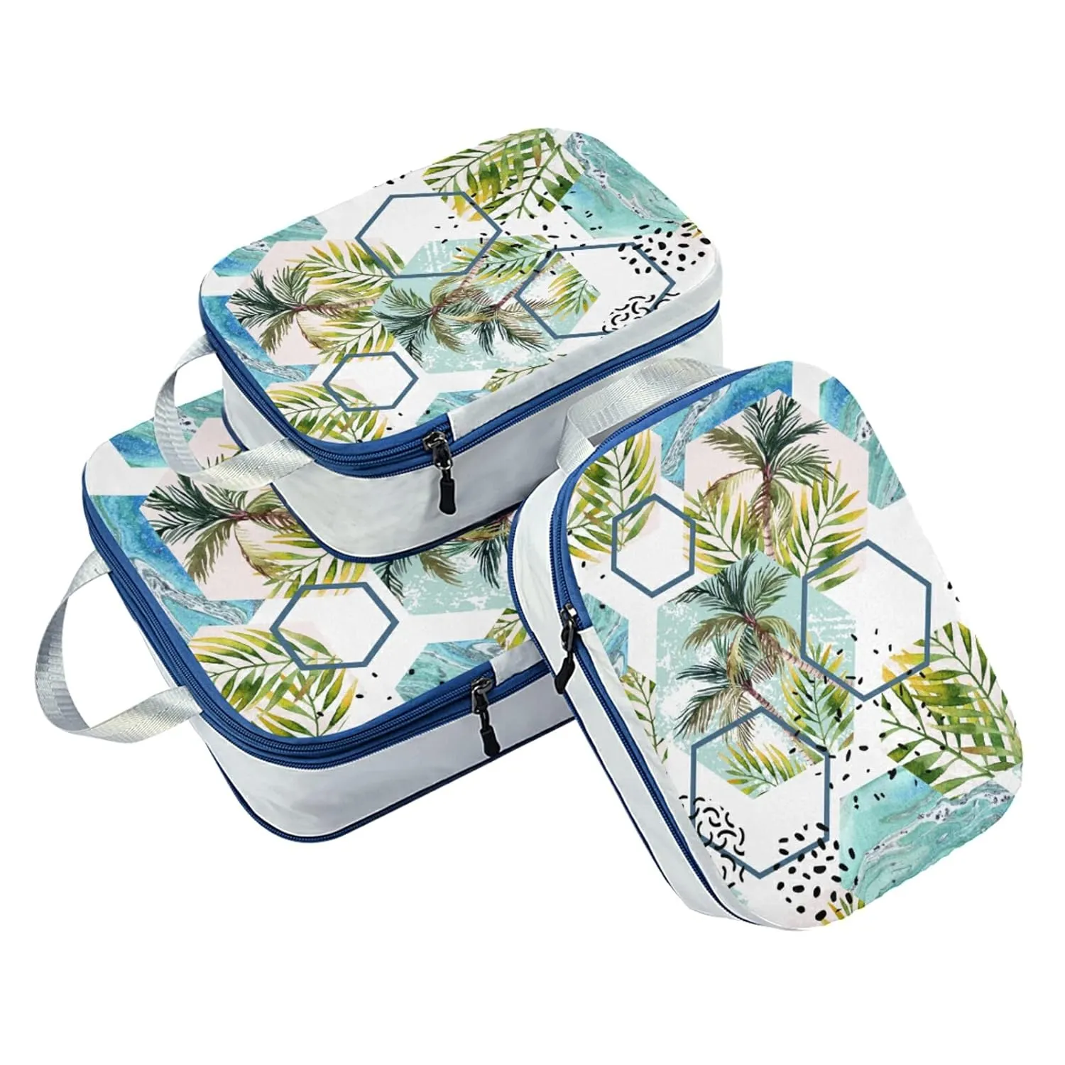 Tropical Leaves and Palm Trees Geometric Shapes Hexagons Marbling 3 Piece set Cubes Expandable Adjustable Luggage Packing Bags, Ultralight Organizer Accessories Travel Suitcase Compressible Bags