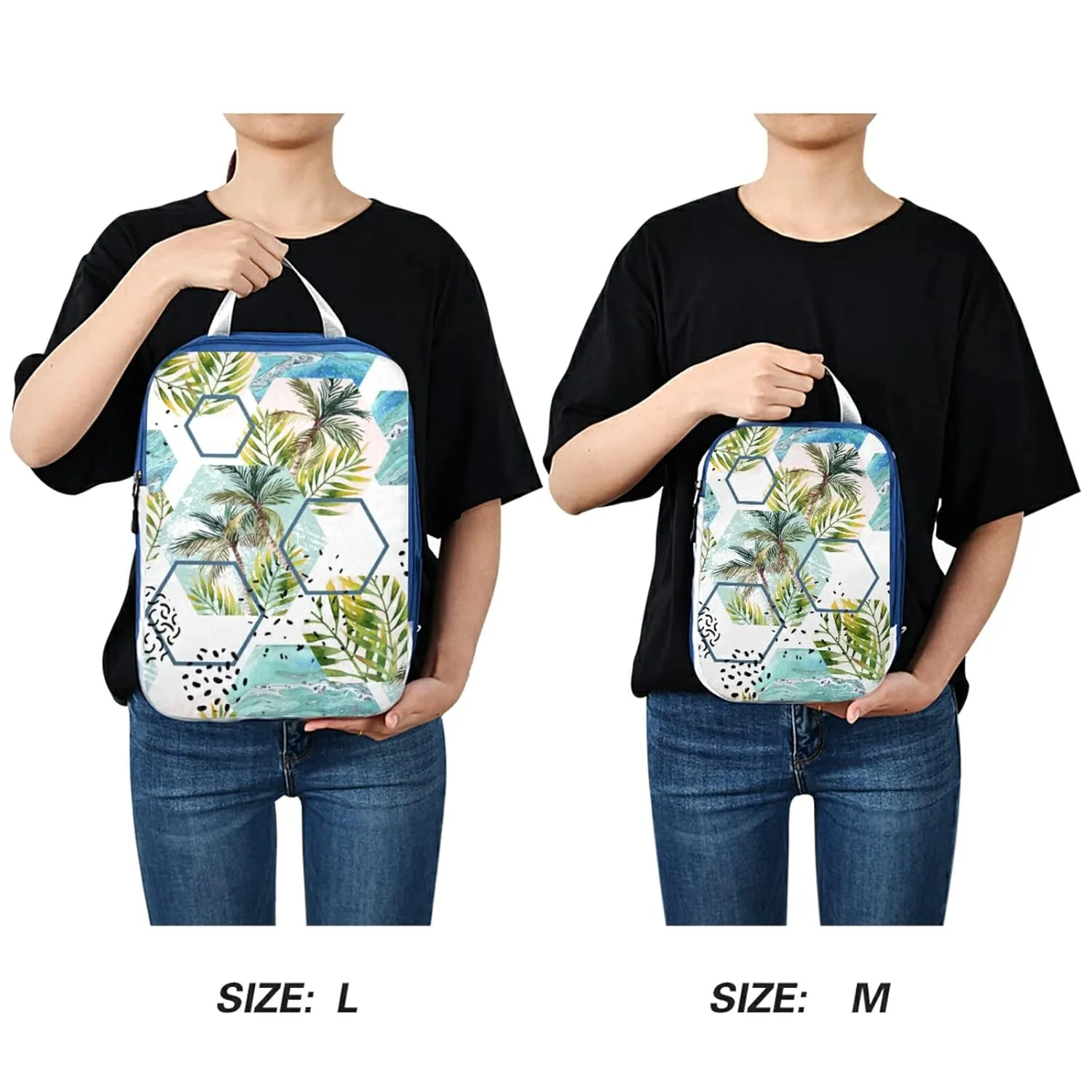 Tropical Leaves and Palm Trees Geometric Shapes Hexagons Marbling 3 Piece set Cubes Expandable Adjustable Luggage Packing Bags, Ultralight Organizer Accessories Travel Suitcase Compressible Bags