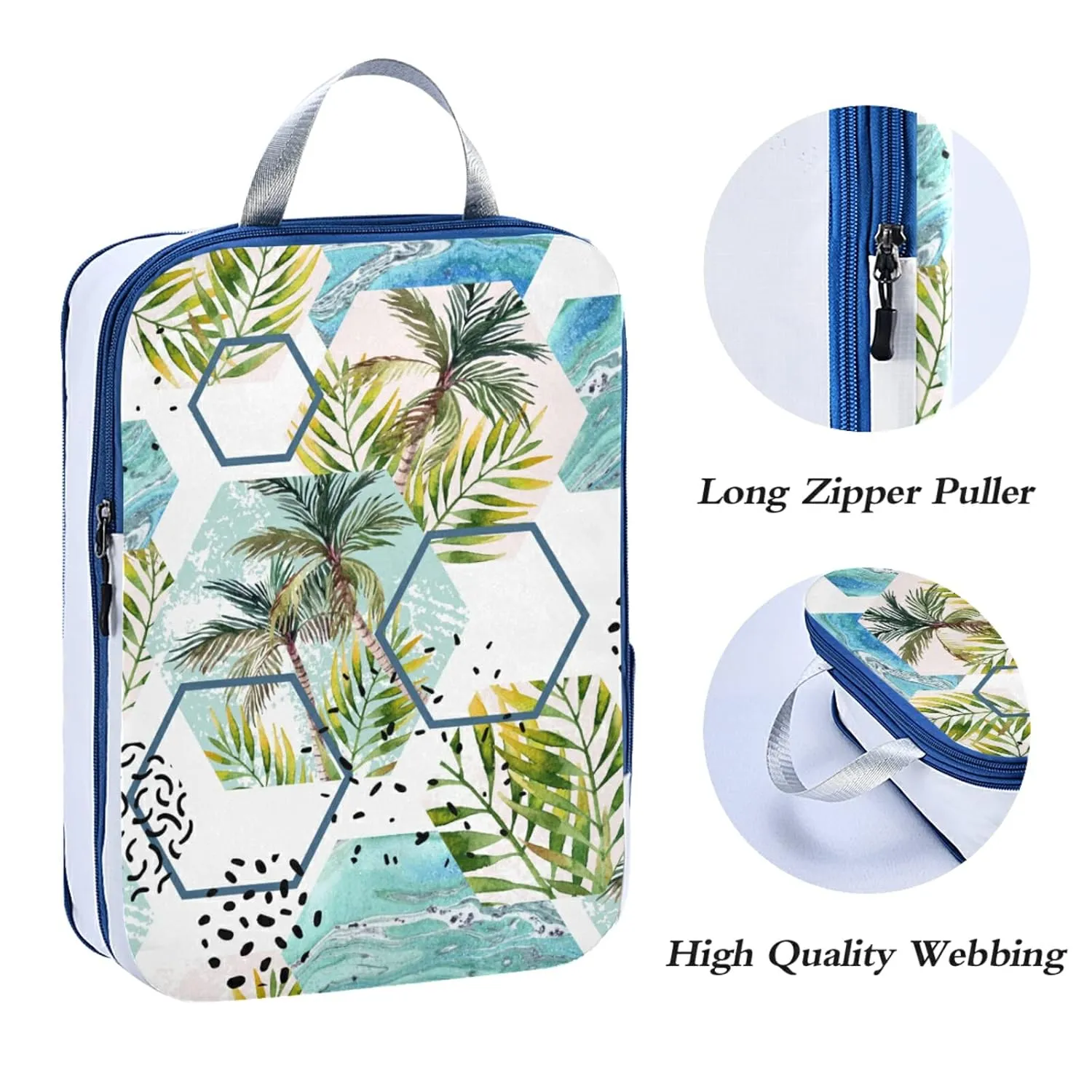 Tropical Leaves and Palm Trees Geometric Shapes Hexagons Marbling 3 Piece set Cubes Expandable Adjustable Luggage Packing Bags, Ultralight Organizer Accessories Travel Suitcase Compressible Bags