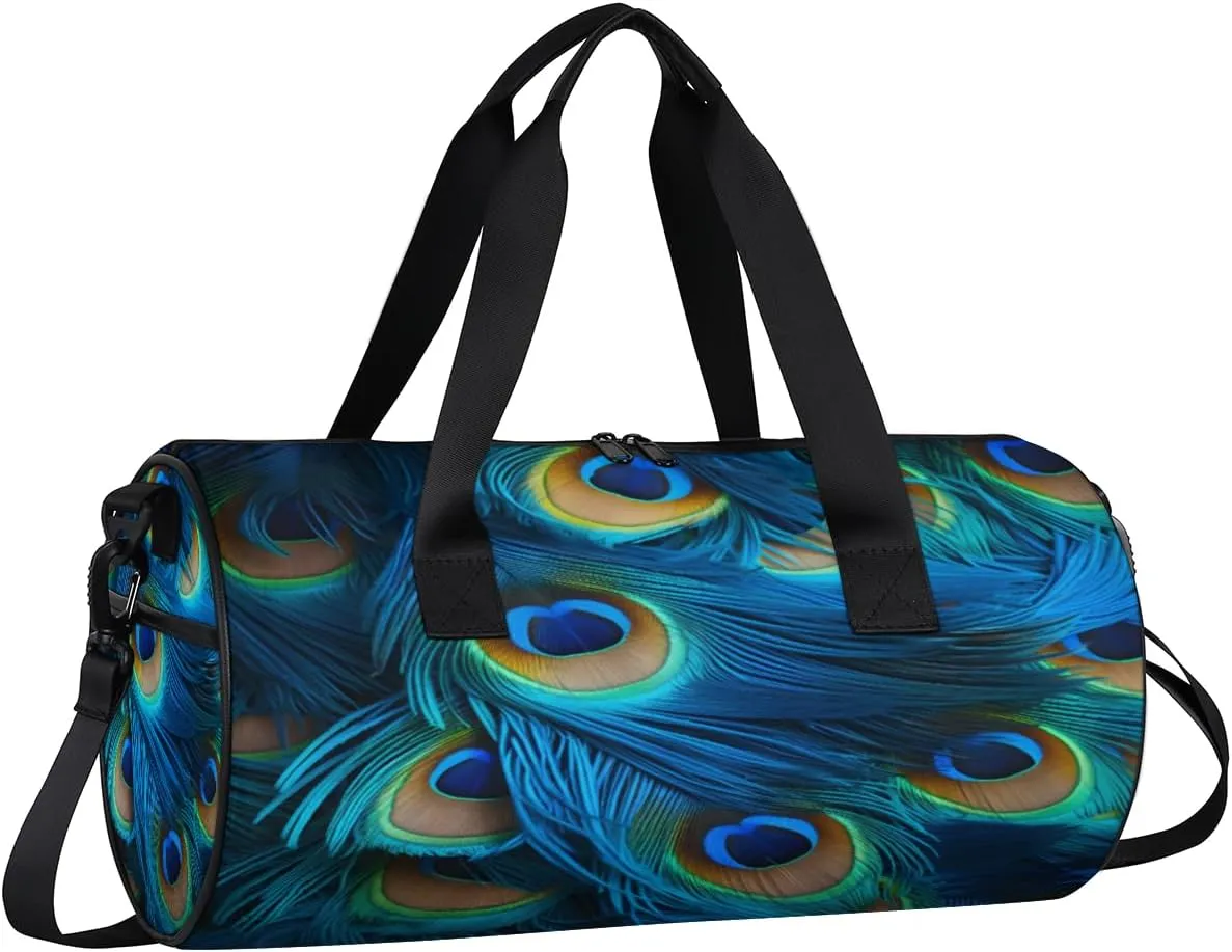 TropicalLife Green Blue Peacock Feather Sports Gym Duffle Bag for Women Men, Carry On Weekend Travel Overnight Bag Foldable Waterproof Hospital Holdalls Tote Bag