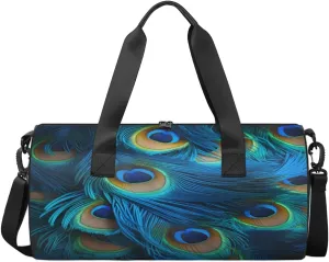 TropicalLife Green Blue Peacock Feather Sports Gym Duffle Bag for Women Men, Carry On Weekend Travel Overnight Bag Foldable Waterproof Hospital Holdalls Tote Bag