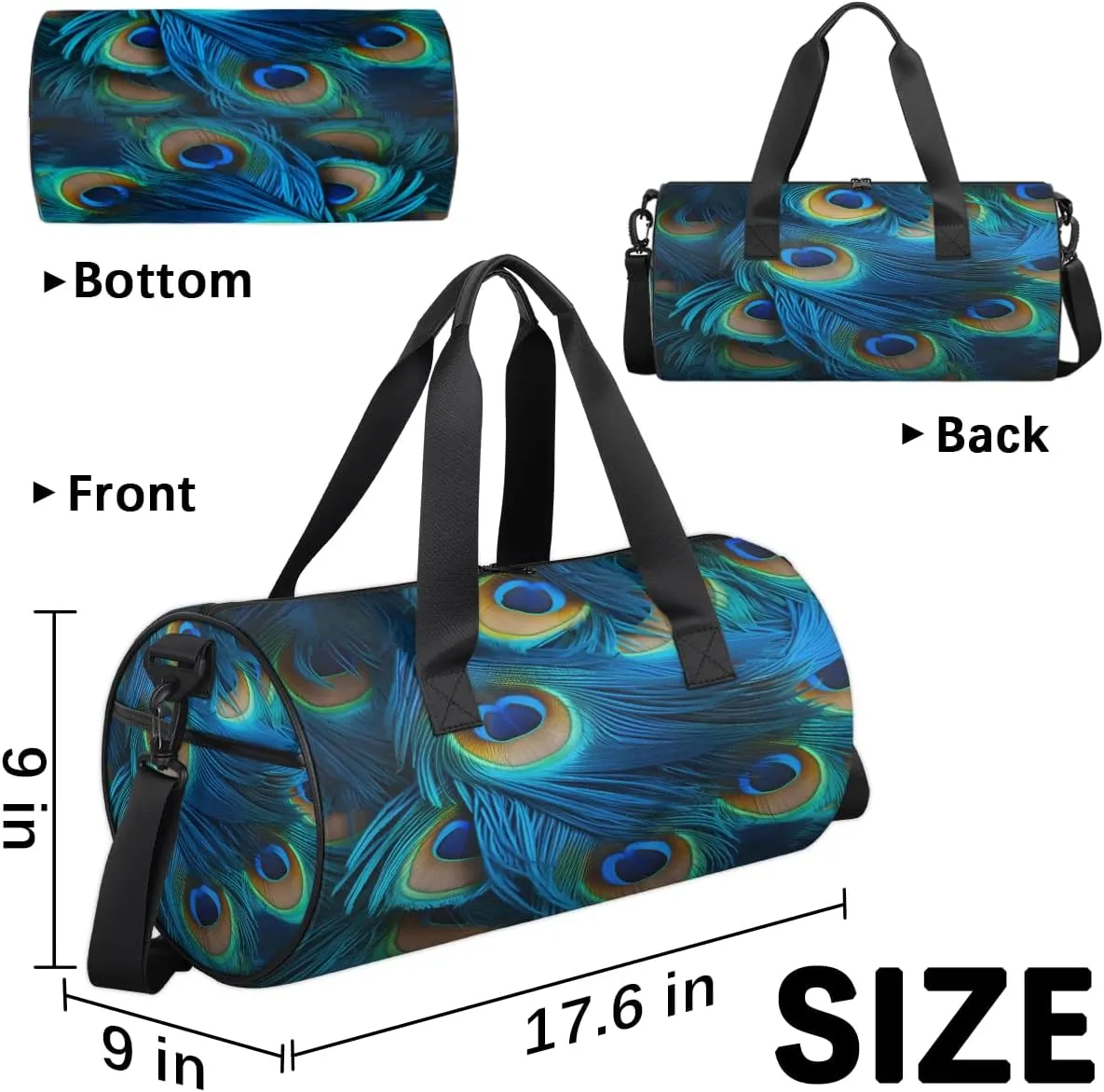 TropicalLife Green Blue Peacock Feather Sports Gym Duffle Bag for Women Men, Carry On Weekend Travel Overnight Bag Foldable Waterproof Hospital Holdalls Tote Bag