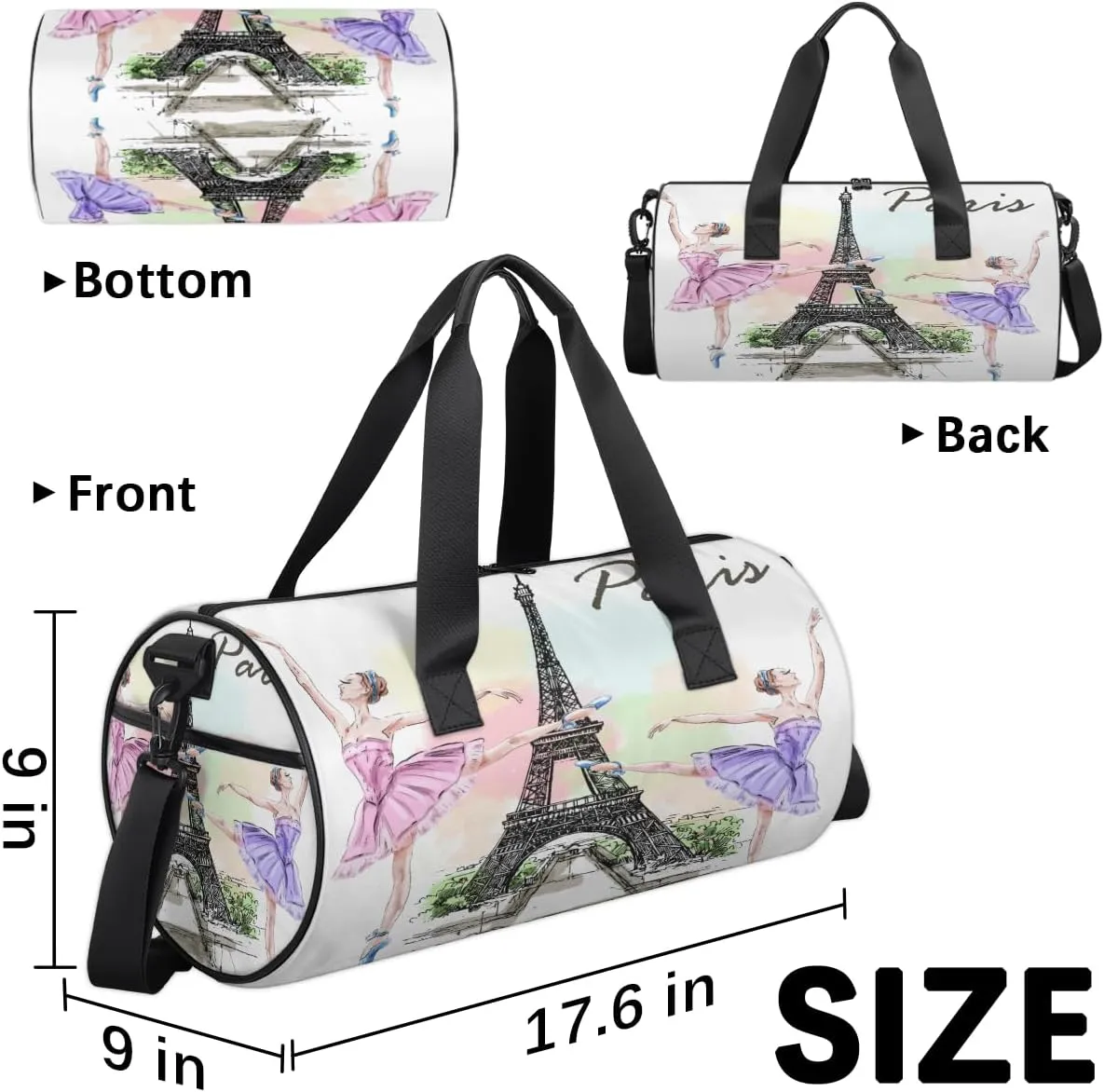 TropicalLife Paris Tower Ballet Dancers Sports Gym Duffle Bag for Women Men, Carry On Weekend Travel Overnight Bag Foldable Waterproof Hospital Holdalls Tote Bag