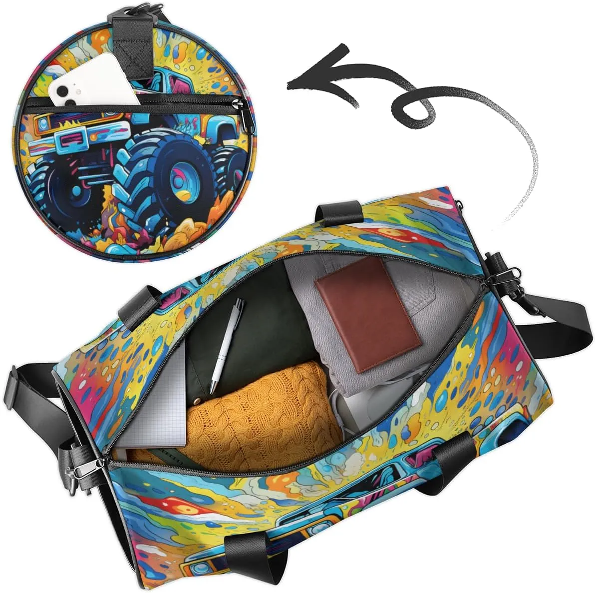 TropicalLife Watercolor Monster Truck Sports Gym Duffle Bag for Women Men, Carry On Weekend Travel Overnight Bag Foldable Waterproof Hospital Holdalls Tote Bag