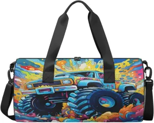 TropicalLife Watercolor Monster Truck Sports Gym Duffle Bag for Women Men, Carry On Weekend Travel Overnight Bag Foldable Waterproof Hospital Holdalls Tote Bag